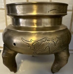 Old Chinese Bronze Or Copper Incense Burner W Animal Feet And Dragons