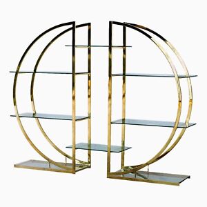 Vtg Milo Baughman Attributed Pair Of Art Deco Brass Half Circle Etageres Shelves