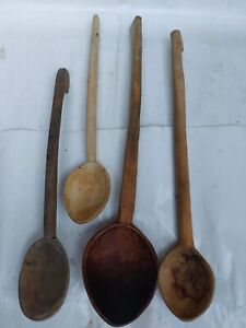 Antique Primitive Old Wooden Handmade Carved Spoons Set Of 4