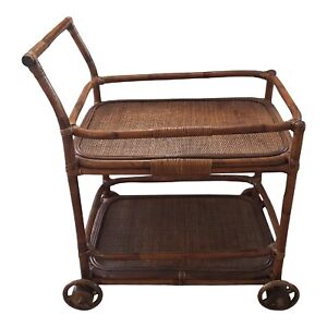 Vintage Bamboo Rattan And Wooden Bar Cart Trolley 2 Tier