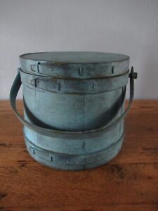 7 1 8 Old Firkin Sugar Bucket Wooden Blue Paint Pantry Box Spice Box Primitive