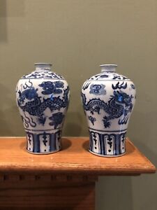 Pair Of Antique Chinese Blue And White Porcelain Dragon Vases Signed