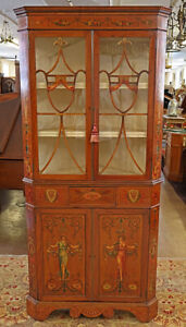 Stunning 19th Century Adams Style Satinwood Painted Display China Corner Cabinet
