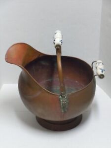 Vintage Large Ash Scuttle Coal Bucket Copper Brass Delft Blue Handles Read