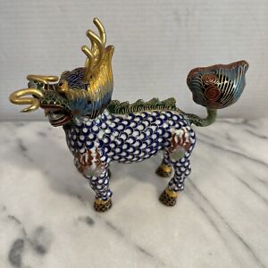 Fu Foo Dog Lion Cloisonne Enamel Chinese 6 75 T Figurine Guardian Vintage