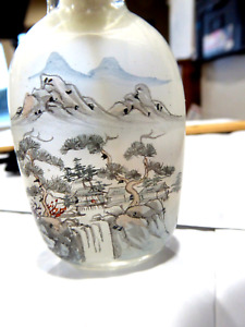 Vintage 60 S Reverse Painted Chinese Snuff Bottle Jade Top Mountain Waterfall