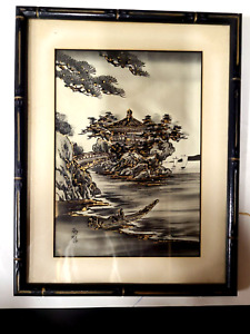 Original Japanese Painting Watercolor Silk Black White Gold Bamboo Frame Signed