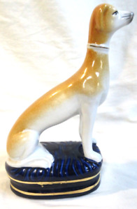 Antique Staffordshire Whippet Or Greyhound On Cobalt Blue Bed W Gold 8 1 4 