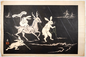 Japanese Woodblock Print Tokuriki Tomikichiro Rabbits Deer Bunnies