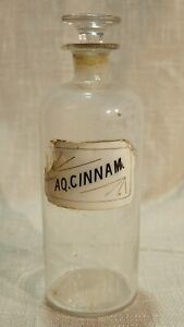 Antique Reverse Glass Label 9 10 Aq Cinnam Bottle Apothecary Jars W Stoppers