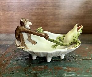Antique German Porcelain Frog And Monkey Fairing Trinket Dish Circa 1870