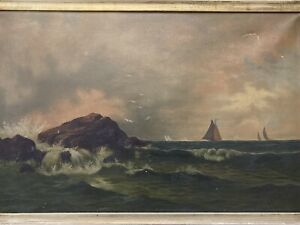  Antique Old 19th American Folk Art Great Lake Erie Ohio Seascape Oil Painting