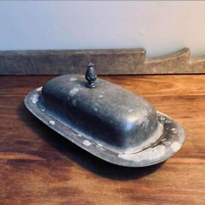 Vintage Metal Butter Dish With Silver Plated Patina And Decorative Handle