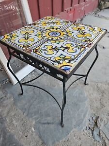 Vintage Mid Century Modern Italian Tile Top Patio Side Table Wrought Iron 20x16