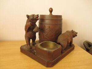 Antique Musical Black Forest Bear Tobacco Jar Swiss Wood Carving