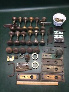 Large Lot Of Antique Salvage Brass Metal Door Knobs Backplates Hardware