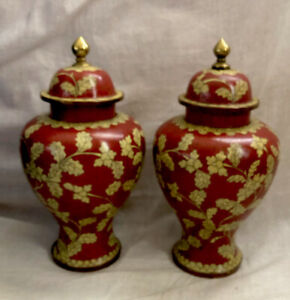 A Pair Of 19 20th Century Chinese Cloisonn Lidded Urns Terracotta Yellow Hues