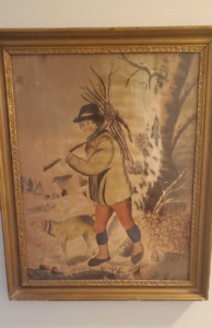19th Century Watercolor Painting Primitive Folk Art Man W Sticks Dog