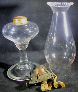 Antique Glass Kerosene Stand Lamp With 1897 Pat Burner Pearl Top Chimney
