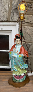 Antique Chinese Hand Painted Porcelain Table Lamp Kwan Quan Yin Figurine 20 