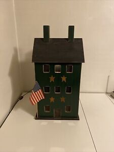 Tall Primitive Lighted Saltbox House Green Stars Americana Wooden Country Decor