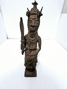Vintage Benin Bronze Brass Tribal Warrior Sculpture Nigerian African Soldier