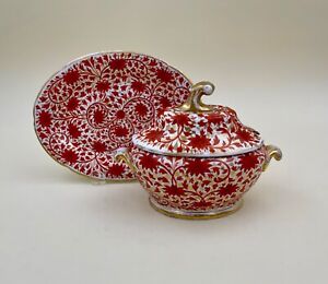 Antique Early Coalport Hand Painted Red Chrysthemum Sauce Tureen Under Plate