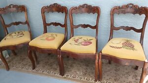 Set 4 Burlwood Walnut Dining Room Chairs Updated Fruit Hand Embroidered Seats