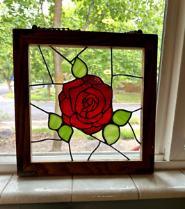 American Beauty Rose Vintage Tiffany Style Lead Stained Glass Window Oak Frame