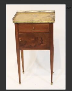Antique French Brass Gallery Marble Top End Side Stand Table W Inlaid Door