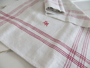 Antique Large Handwoven Linen Towel Red Stripes German 1880 Unused 47 Inch Lon