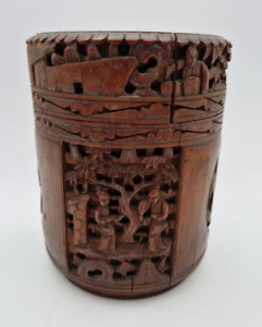 Antique Chinese Carved Bamboo Tea Caddy Tobacco Jar Decorative Intricate Phoenix