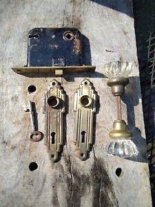 Antique Art Deco Glass Door Knobs Lock Lock Plates Key Set