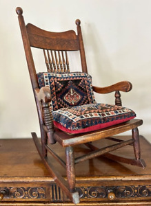 Vintage Children S Mission Rocking Chair Carved Leaf Motif W Pillows 19th C