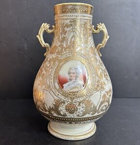 Antique Nippon Style Hand Painted Roses Portrait Gilded Jeweled Vase 11 T