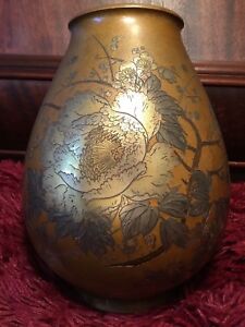 Rare Antique 19th C Meiji Japanese Bronze Mix Metal Vase 11 Artist Signed 1 