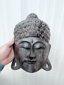 Vintage Hand Carved Wooden Indian Buddha Asia Head Wall Hanging Decor
