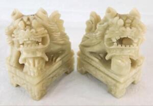 Pair Of Chinese Foo Dog Lion Carved Jadeite Stone Marble Bookends Statues