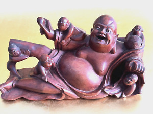 Antique Vtg Chinese Reclined Hand Carved Wood Reclined Laughing Buddha 5 Boys