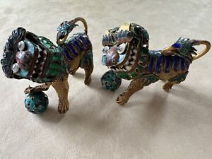 Pair Of Chinese Gilt Silver Filigree And Enamel Foo Dogs 2 3 4 