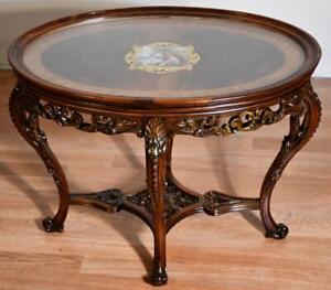 1920 Antique French Louis Xv Walnut Satinwood Coffee Table With Glass Tray Top
