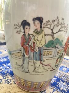 Vtg Porcelain Chinese Vase Large Signed Stamped Women Viewing Garden Painted Big