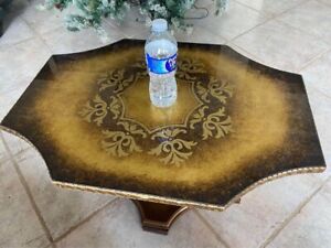 French Glass Top Hand Painted Gilt Coffee Tables W Intricate Floral Gilt
