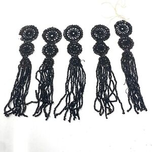 Victorian Trim Black Glass Beaded Tassels Mourning Funeral Antique Rosettes