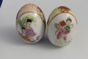 2 Vintage Japanese Satsuma Style Hand Painted Porcelain Eggs Geisha