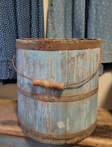 Early Antique Blue Wooden Shaker Bucket