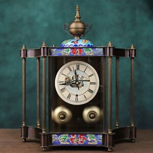 11 China Cloisonn Bronze Colour Enamels Barque Column Mechanical Desk Clock G2