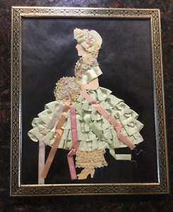 Antique Ribbon Art Paper Doll Framed Good Condition Green