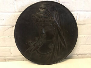 Antique Signed Chinese Or Japanese Bronze Round Plaque W Guanyin Buddha