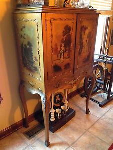 French Painted Scene Victorian Filagree Ornate Chest Secretary Antique Cabinet